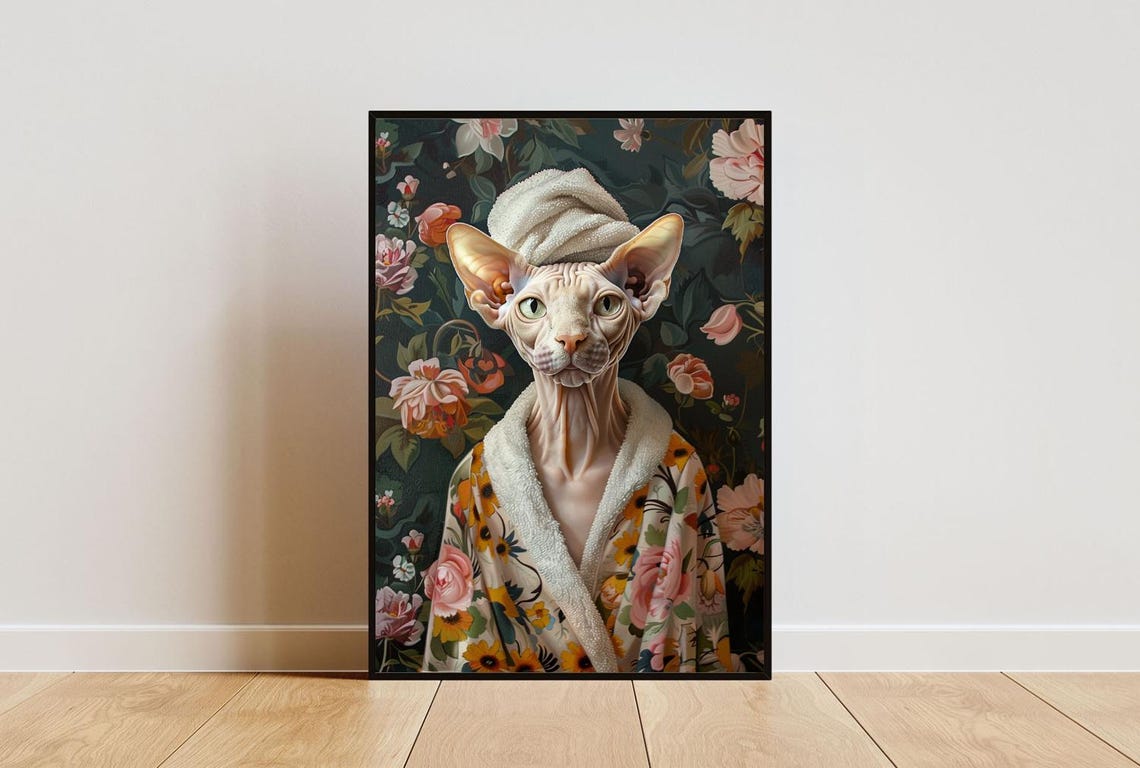 Sphynx In Bathrobe Spa Day Portrait Funny Hairless Cat Wall Poster