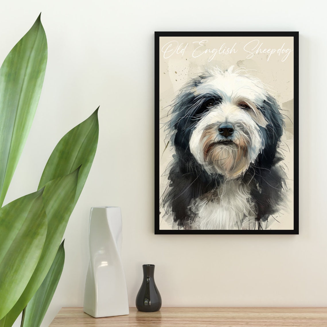 Old English Sheepdog Watercolor Dog Portrait Poster Gift Decor - Image 2