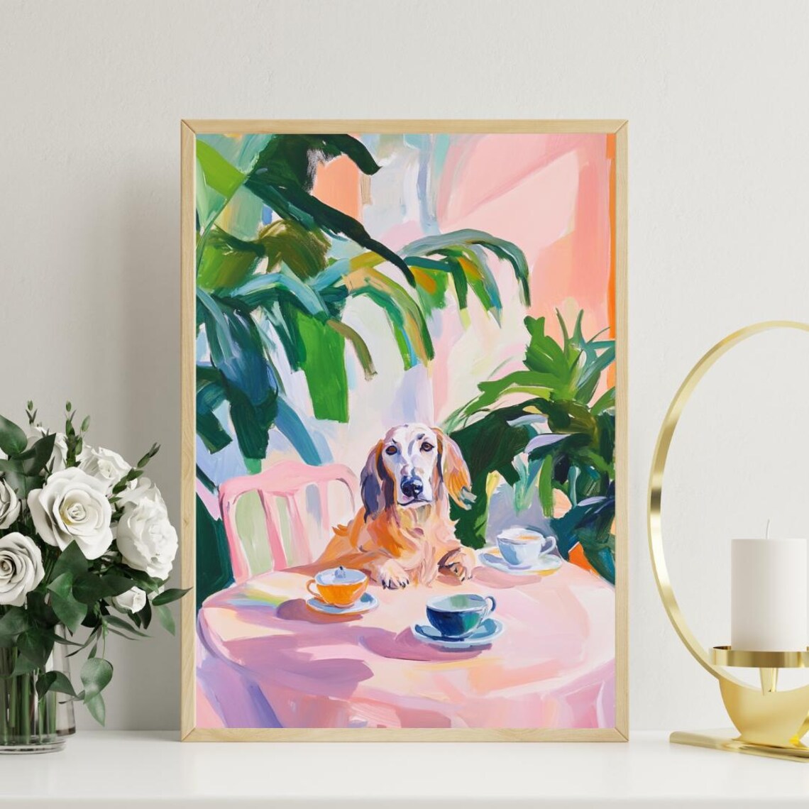 Longhaired Dachshund Tea Party Golden Puppy Oil Painting Pet Poster - Image 3