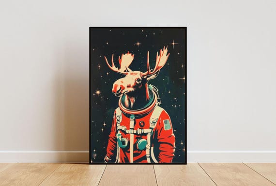 Moose Astronaut Poster Moose Retro Print Moose Portrait Animal Retro Space Poster Funny Animal Poster Andy Warhol Print Vintage Poster