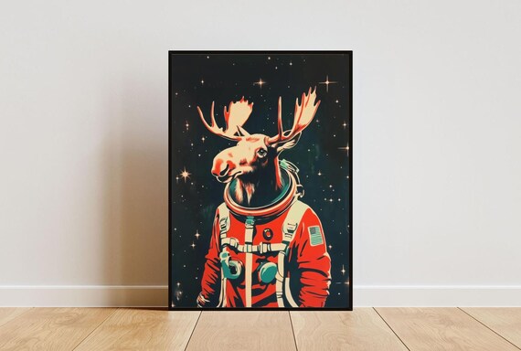 Moose Astronaut Vintage Retro Starry Space Portrait Poster Art