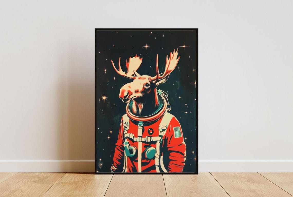 Moose Astronaut Vintage Retro Starry Space Portrait Poster Art