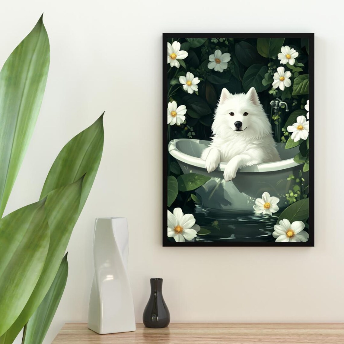 Samoyed Relaxing In Floral Bathtub Cute White Fluffy Dog Poster - Image 2
