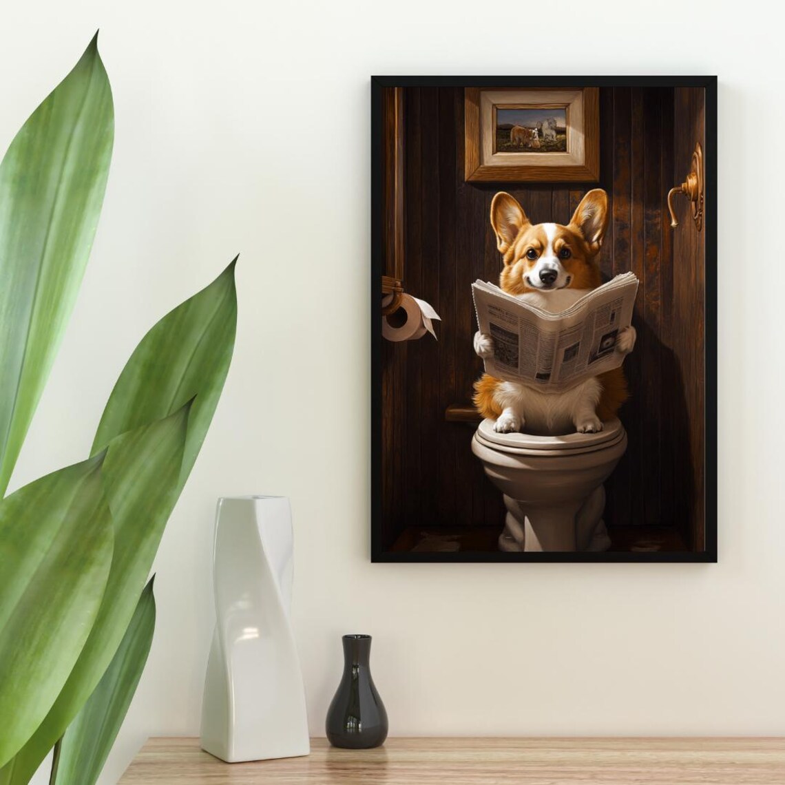 Cardigan Welsh Corgi On Toilet, Dog Bathroom Art Print - Image 2