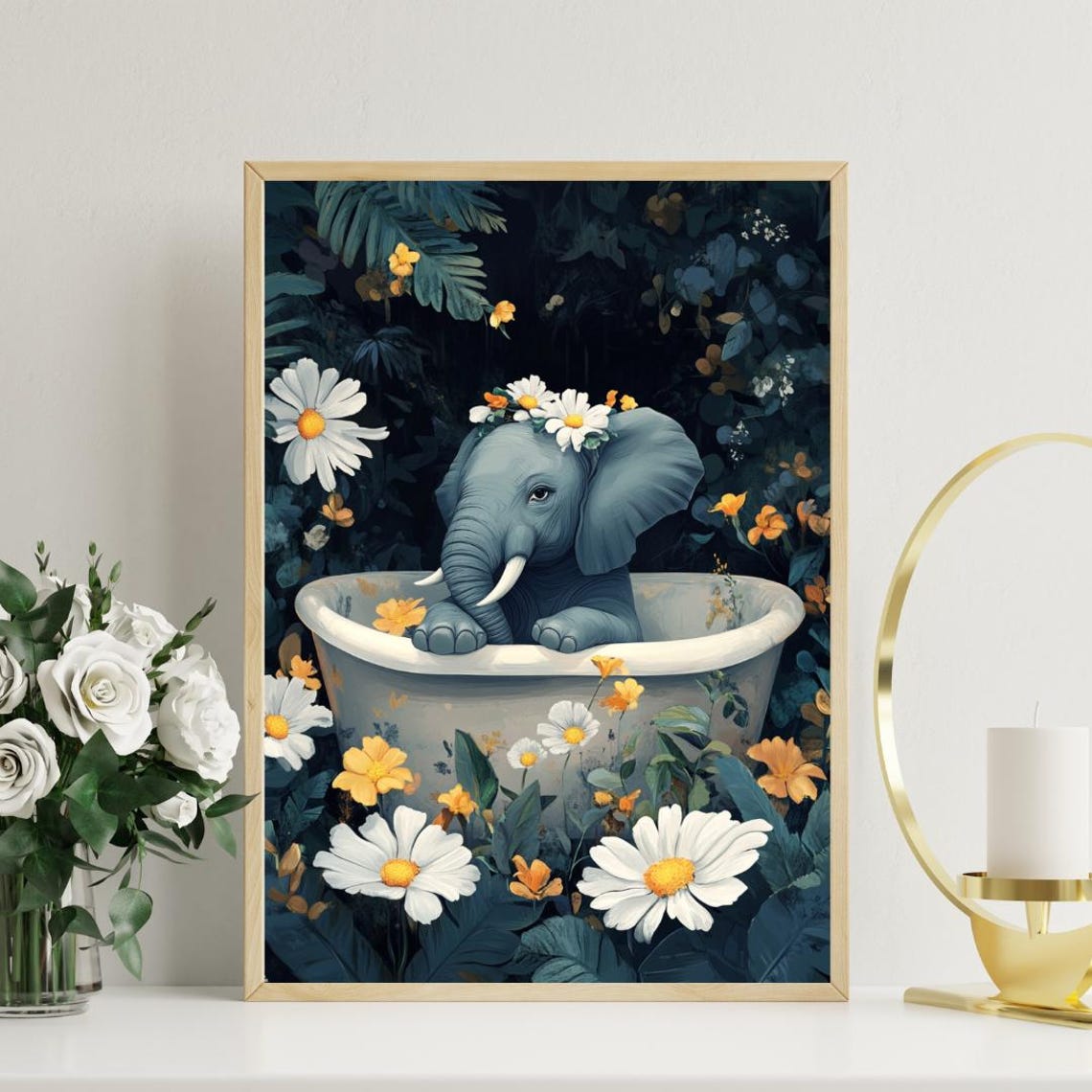 Baby Elephant Bathtub Daisy Crown Botanical Dark Art Vintage Poster - Image 3
