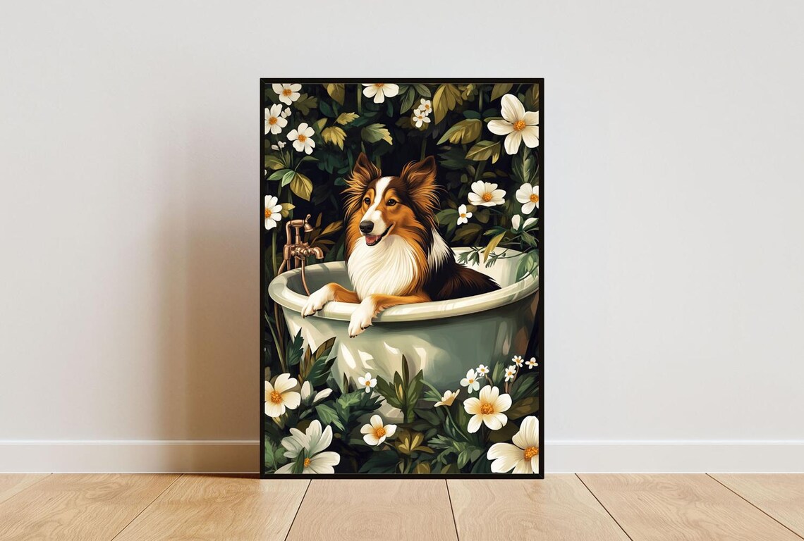 Collie in Bathtub Whimsical Dog Bathroom Floral Jungle Art Poster