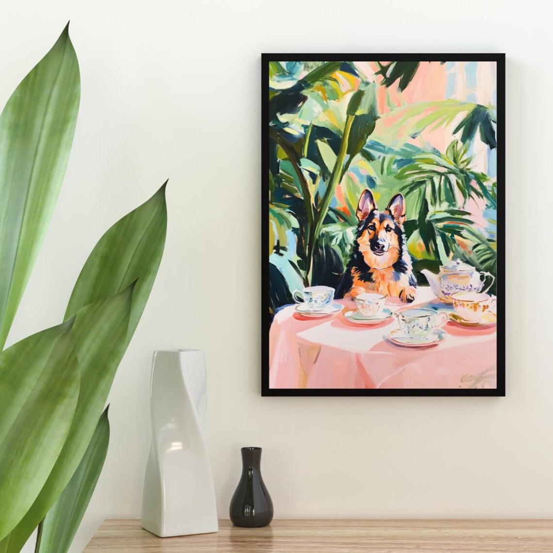 German Shepherd Dog Garden Tea Party Pastel Painting Style Poster - Image 2