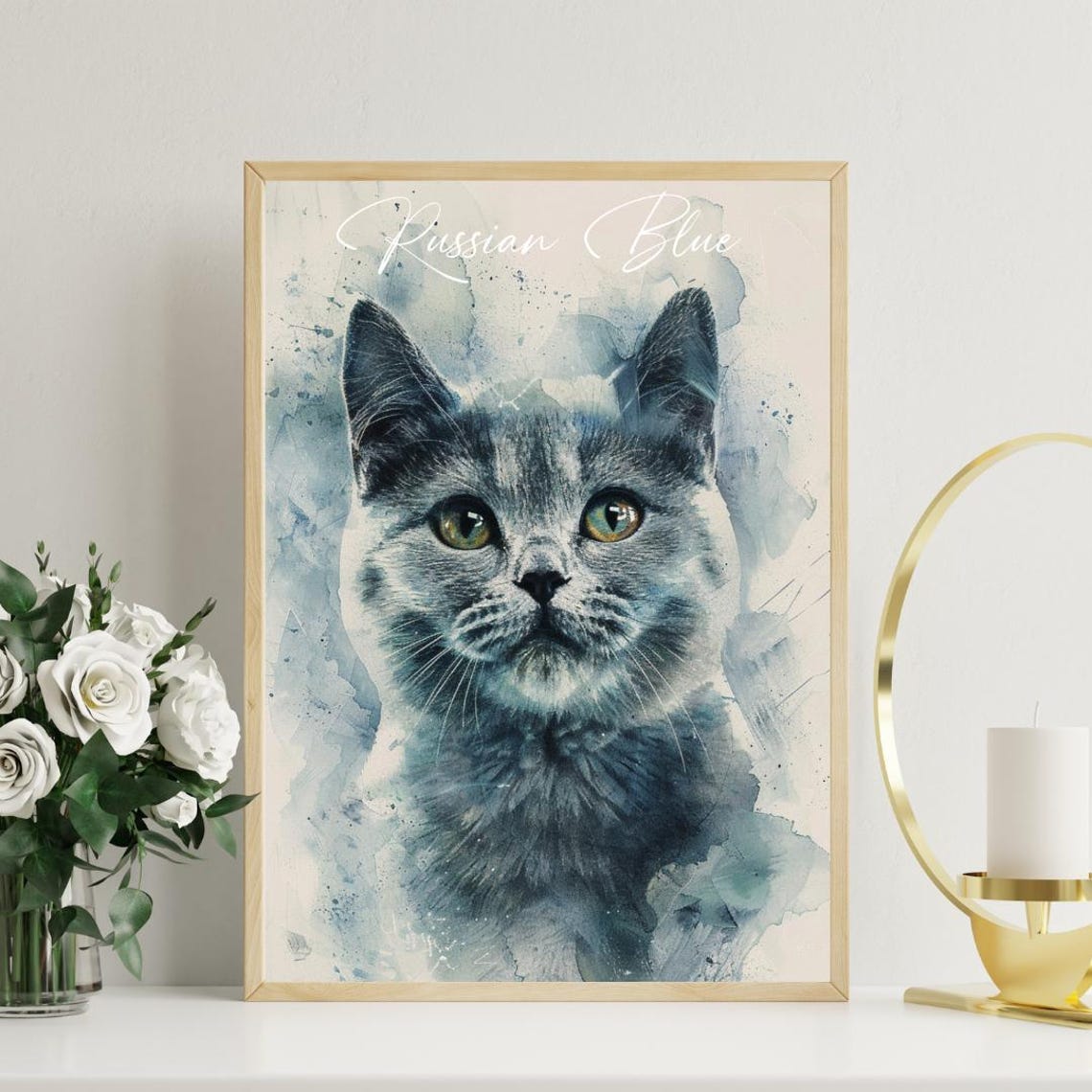 Russian Blue Cat Watercolor Portrait Elegant Fine Art Poster - Image 3