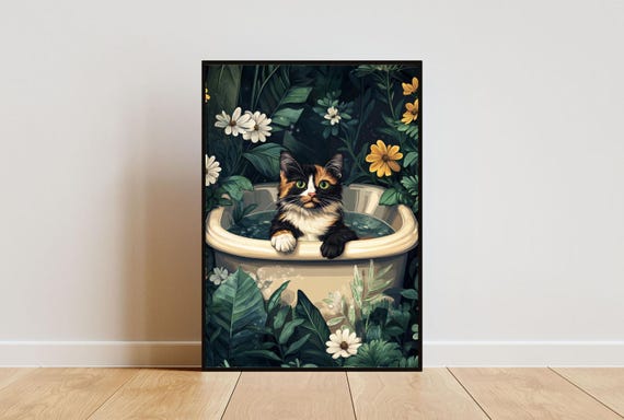 Tortoiseshell In Bathtub Poster Funny Cat Poster Tortoiseshell Bathroom Print Tortoiseshell Bath Poster Pet Poster Cat Bathroom Wall Art