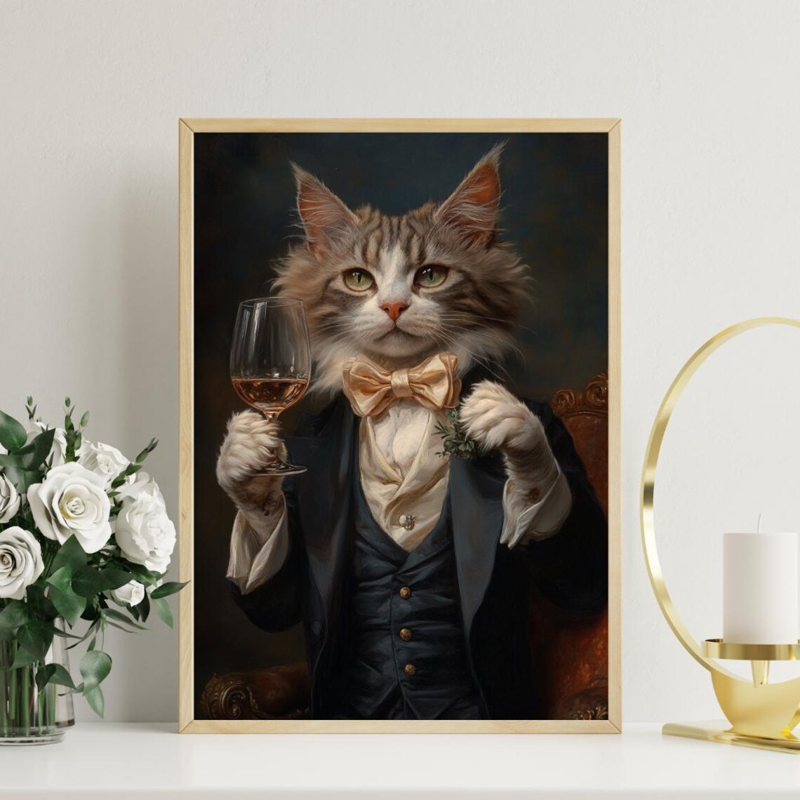 Selkirk Rex In Tuxedo Holding Rose Wine Glass Fluffy Cat Portrait Poster - Image 3