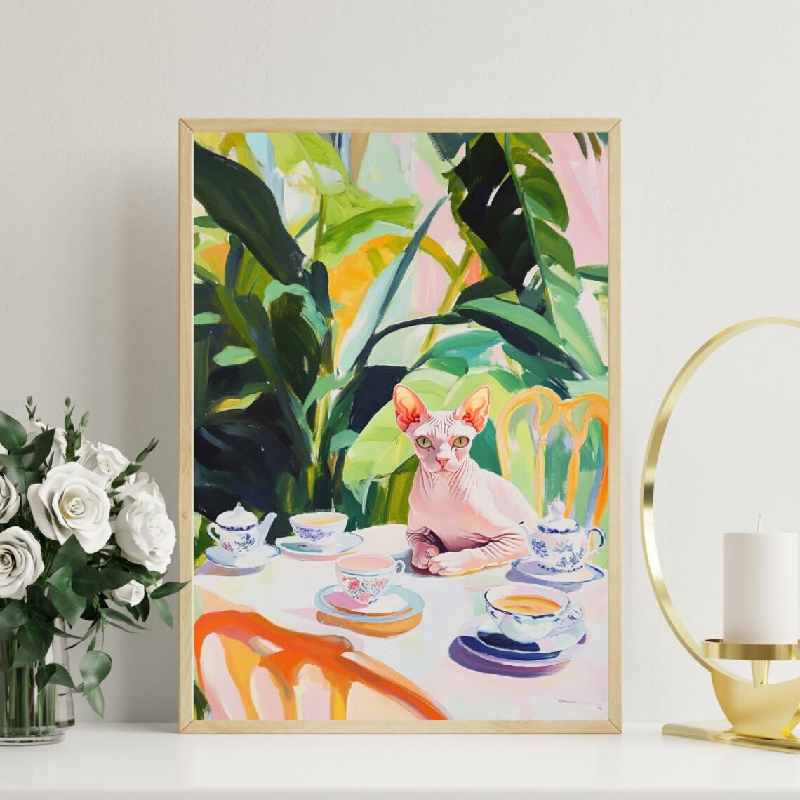 Sphynx Cat Tea Party Oil Painting Poster Elegant Vintage Cat Portrait - Image 3