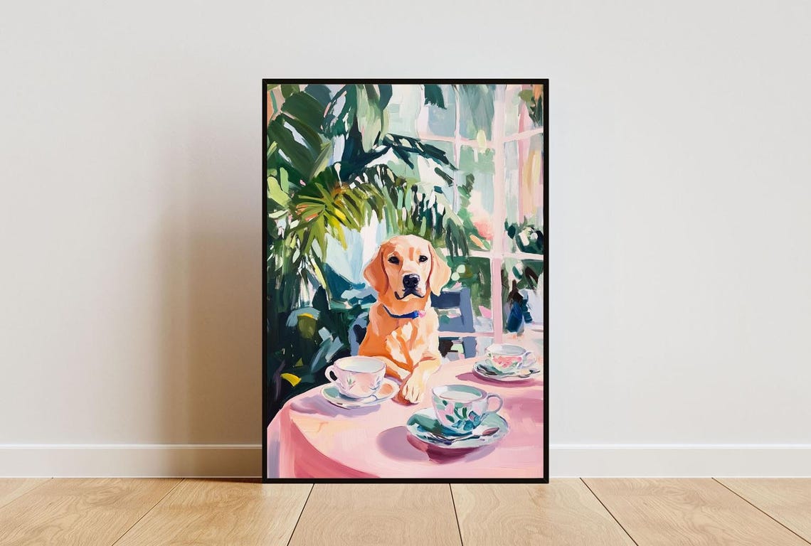 Labrador Retriever Dog Garden Tea Party Pastel Painting Poster