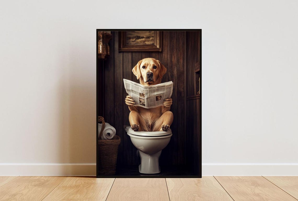 Labrador Retriever On Toilet Funny Bathroom Reading Dog Poster