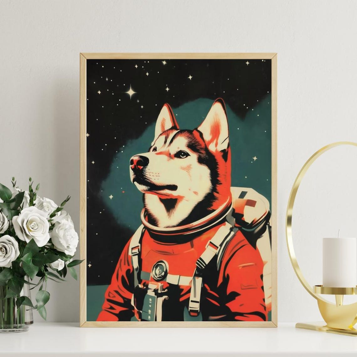 Husky Astronaut Vintage Retro Starry Space Portrait Poster Art - Image 3