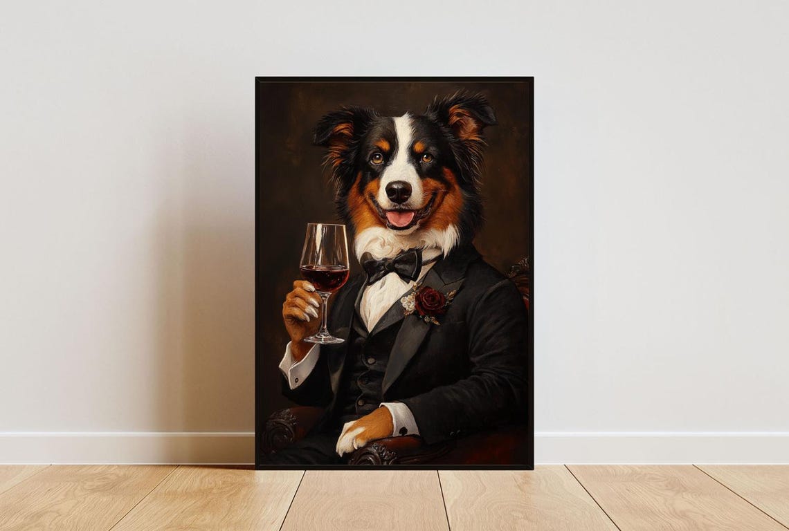 Australian Shepherd Tuxedo Dog Portrait Poster Wine Glass Dapper Decor
