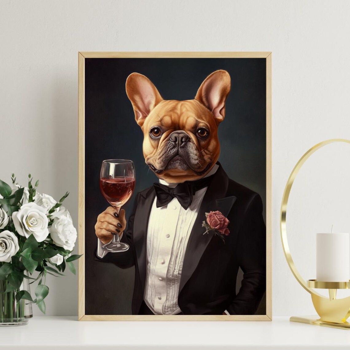 French Bulldog in a Black Tuxedo with a Red Rose Holding Wine Poster - Image 3