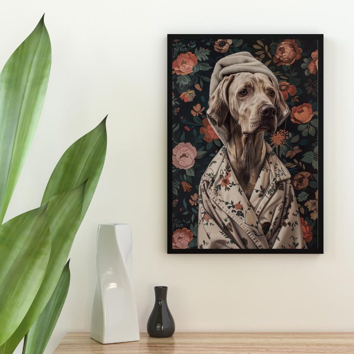 Weimaraner in Floral Bathrobe Funny Dog Bathroom Portrait Poster - Image 2