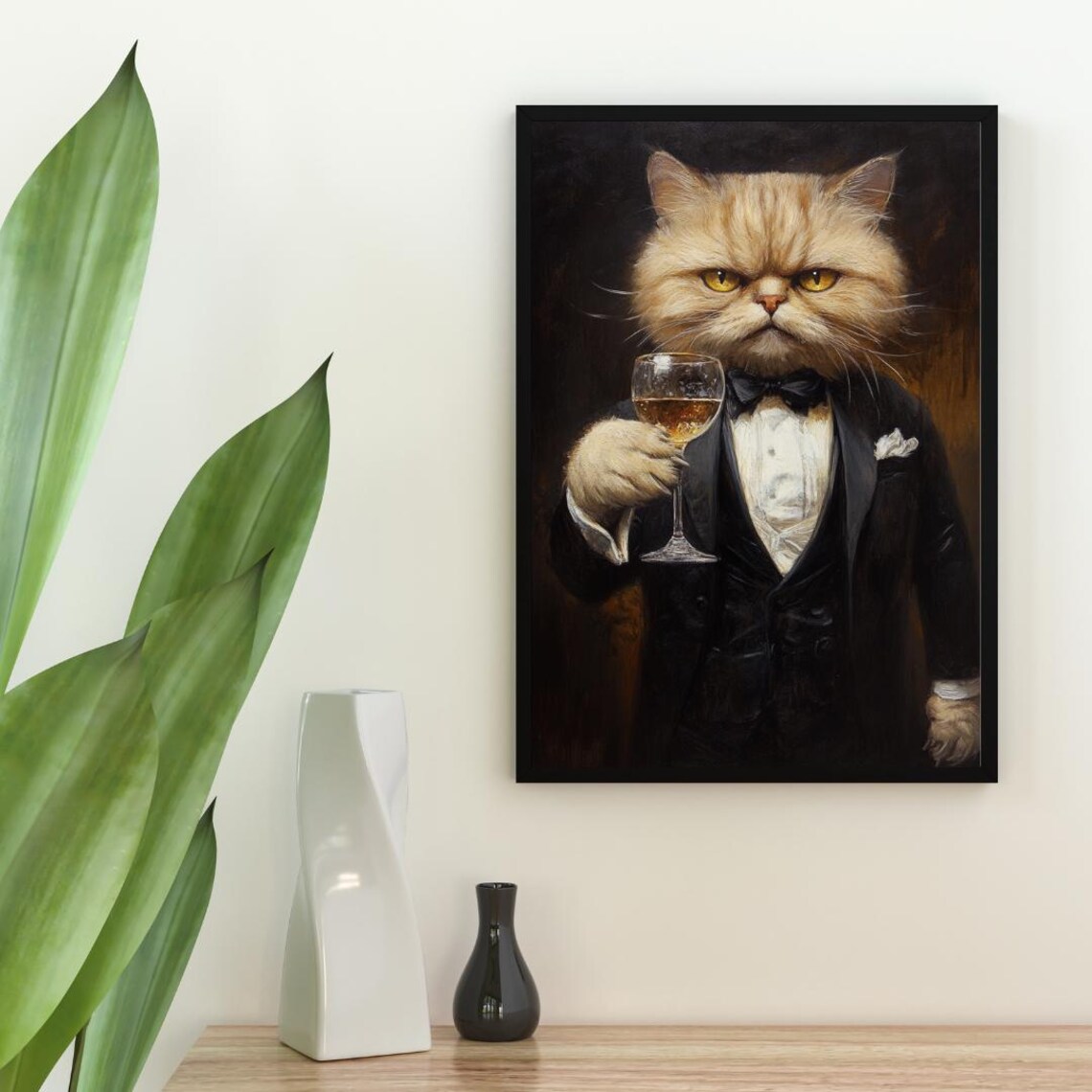 Persian Cat In Tuxedo Holding White Wine With Bow Tie Portrait Poster - Image 2