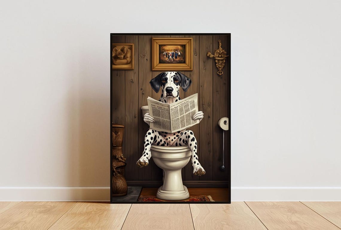 Dalmatian on a Toilet Reading a Newspaper in a Rustic Bathroom Poster