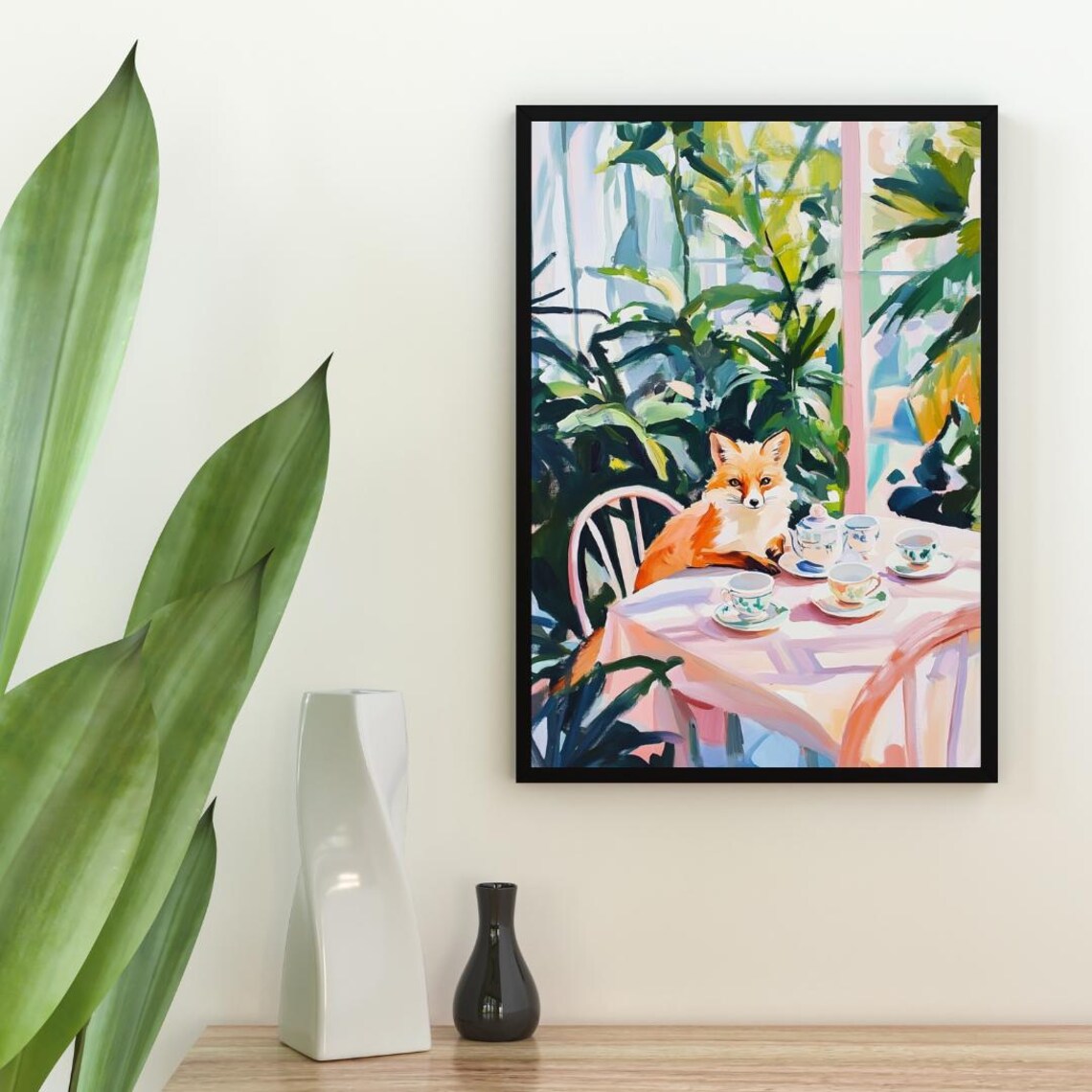 Fox at Tea Table Whimsical Woodland Animal Painting Portrait Poster - Image 2