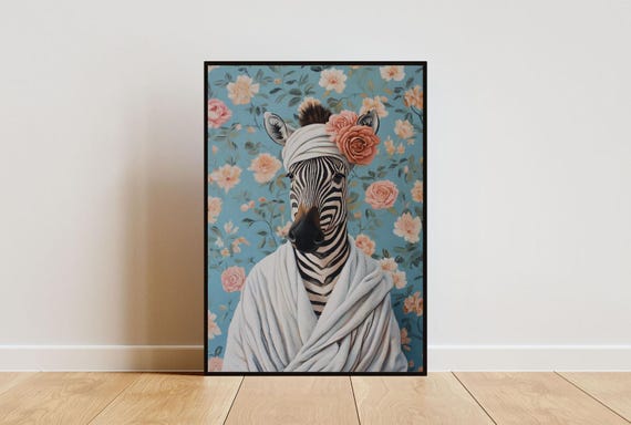 Zebra In Bathrobe Poster Animal Poster Zebra Bathroom Print Animal Wall Art Zebra Portrait Animal Bathroom Poster Funny Zebra Poster
