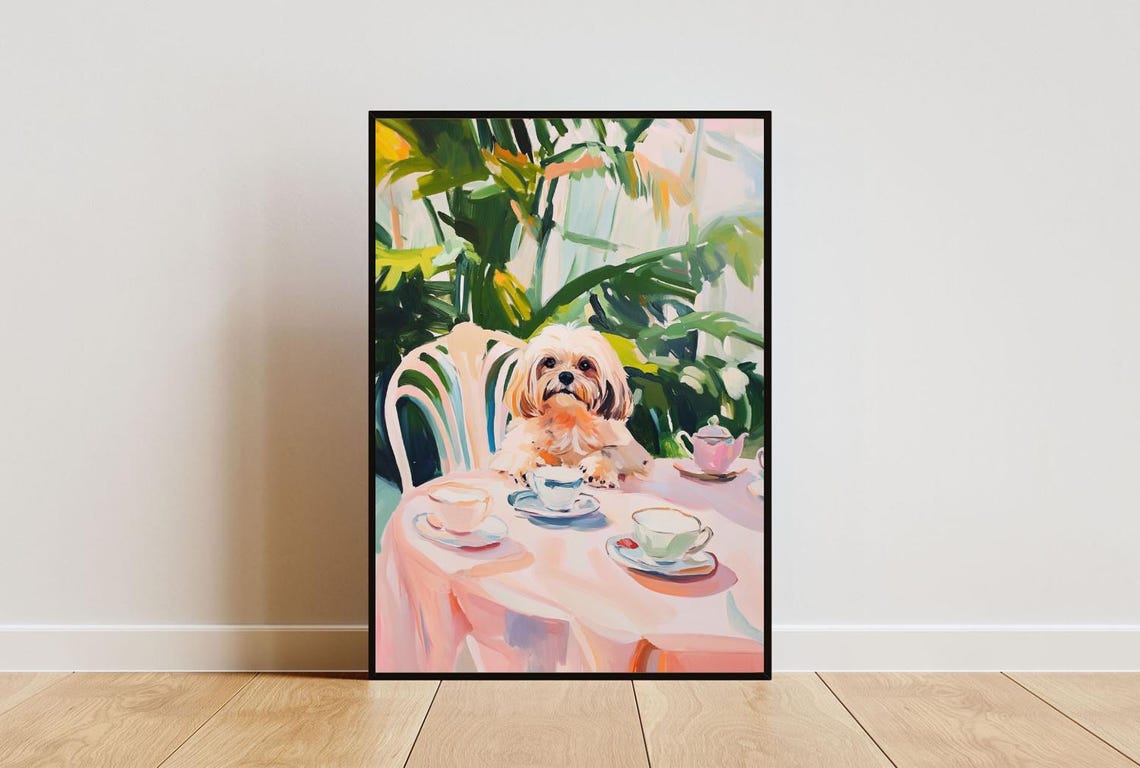 Lhasa Apso Dog Tea Party Fluffy Cream Oil Painting Cute Pet Poster