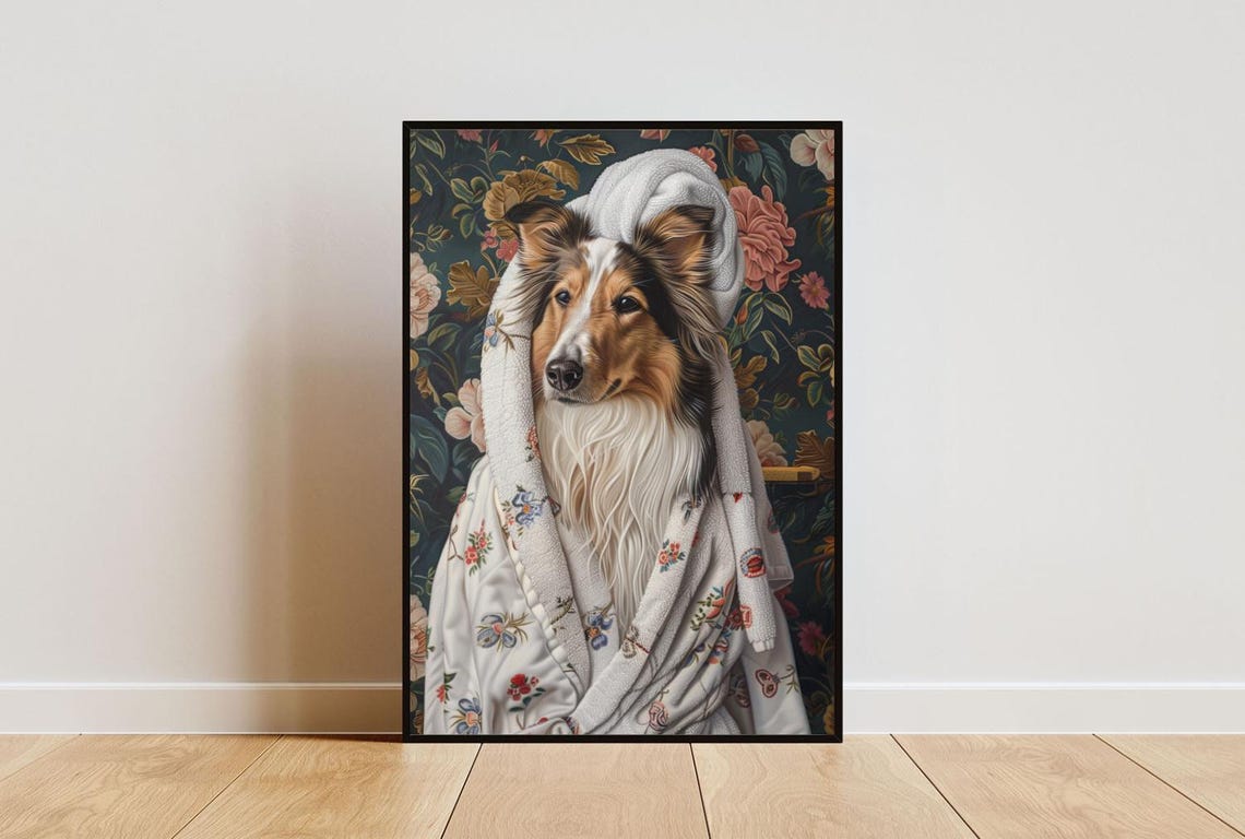 Collie In Bathrobe Spa Day Portrait Funny Fluffy Dog Wall Poster