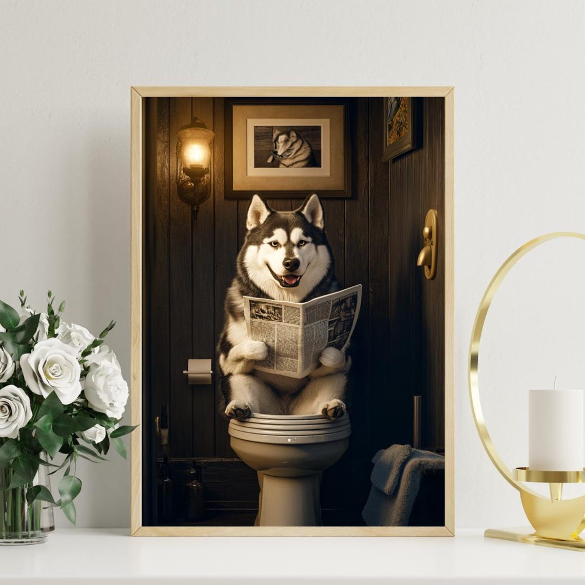 Alaskan Malamute on a Toilet Reading a Newspaper in a Bathroom Poster - Image 3