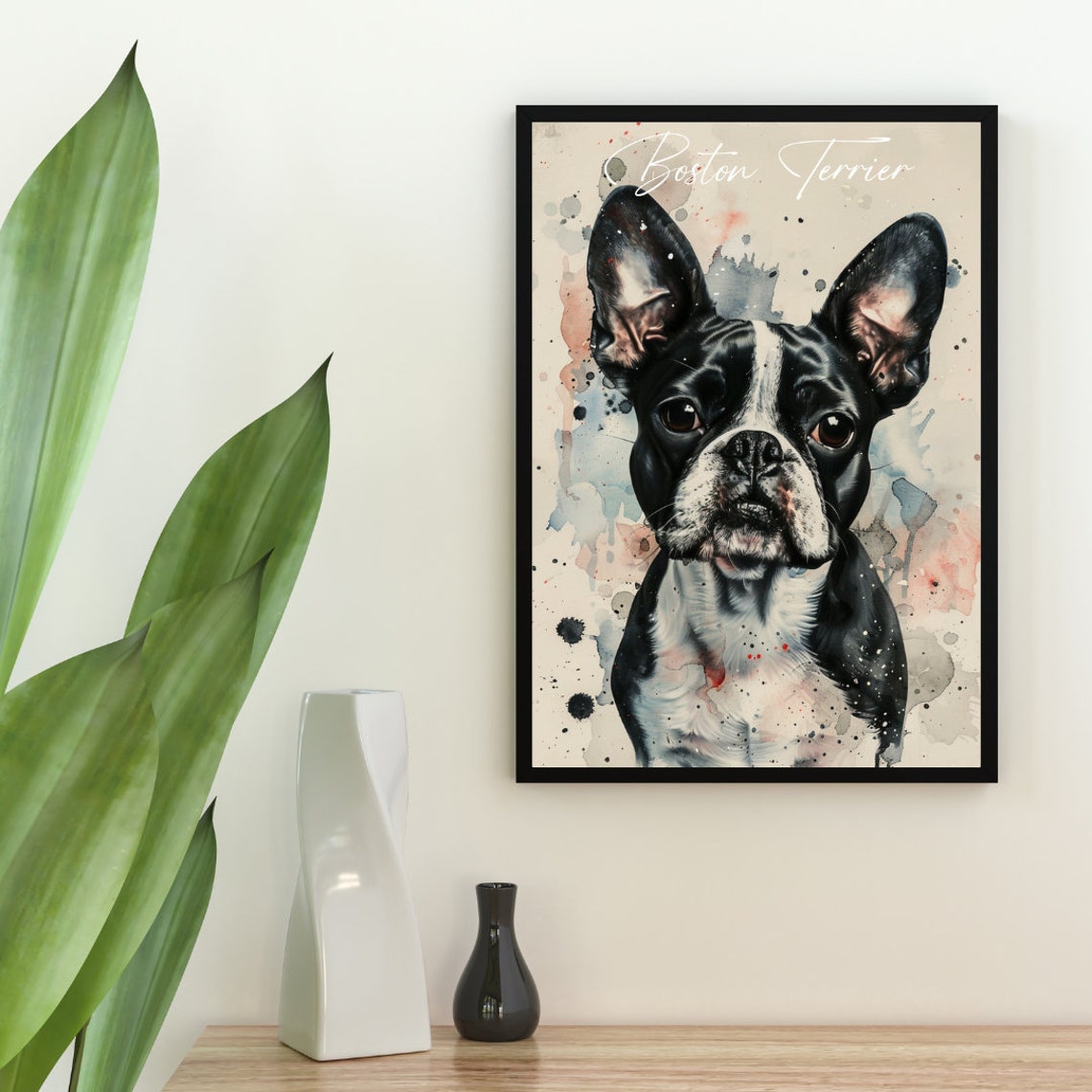 Boston Terrier Watercolor Dog Breed Portrait Poster Script Name Detail - Image 2