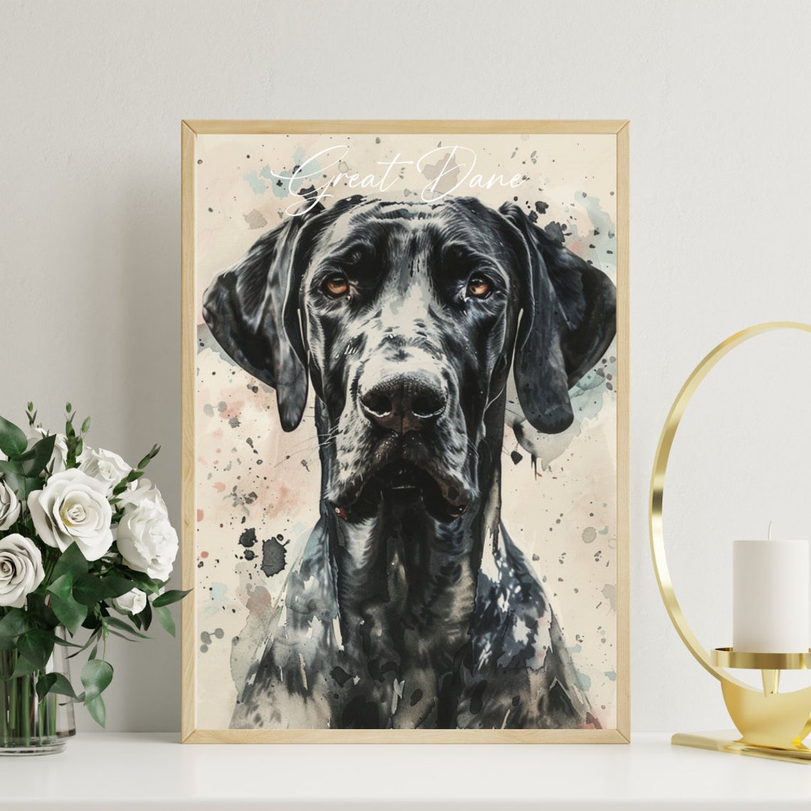 Great Dane Watercolor Dog Breed Portrait Poster Script Name Detail - Image 3