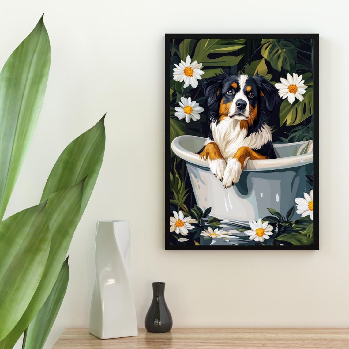 Australian Shepherd in Bathtub Tricolor Dog Bathroom Floral Poster - Image 2