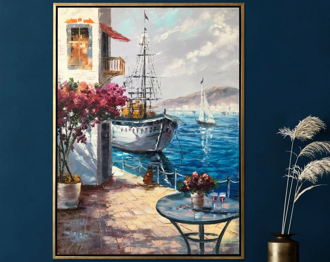 Greece Oil Painting Original Framed Oil Painting Of Greek Villas Mediterranean Travel Painting On Greek Painting Greece Wall Art