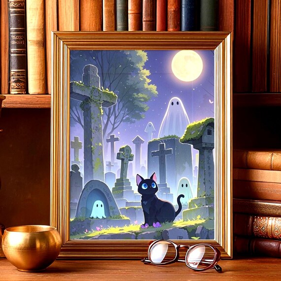 Black Cat Halloween Print Whimsical Ghosts Art Full Moon Graveyard Poster Mystical Watercolor Gift Enchanted Magical Night Scene