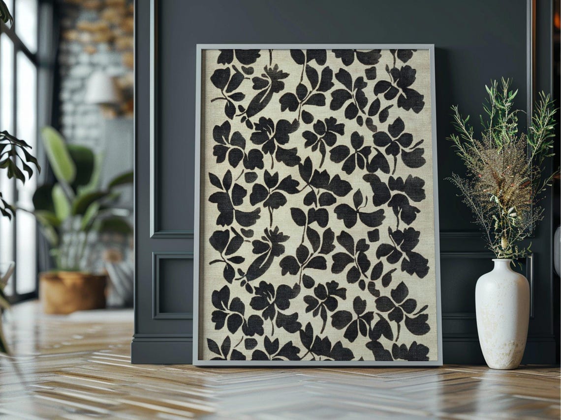 Black Floral Damask Pattern Cream Vintage Botanical Textile Art Poster - Image 3