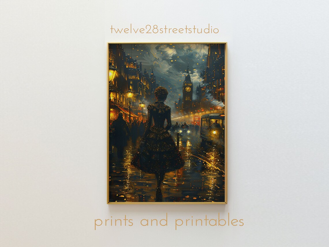 Victorian Woman Rainy London Night Big Ben Street Lights Travel Poster