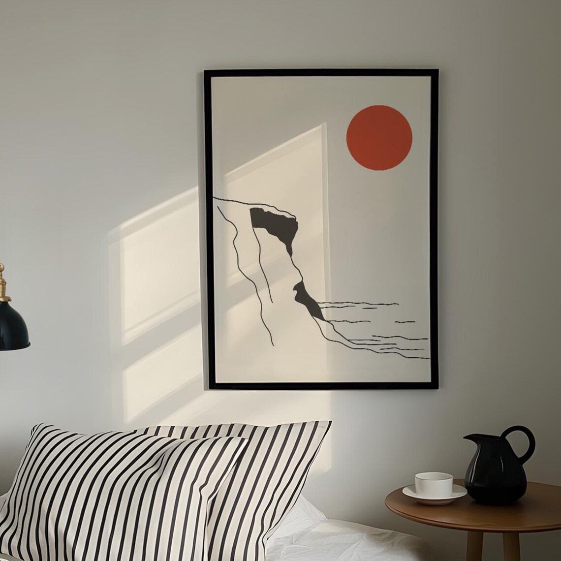 Minimalist Japanese Red Sun and Cliff Line Art Japandi Poster