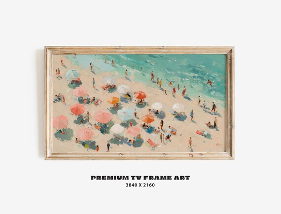 Pastel Beach Umbrellas Aerial Coast Scene Impressionist Summer Wall Art