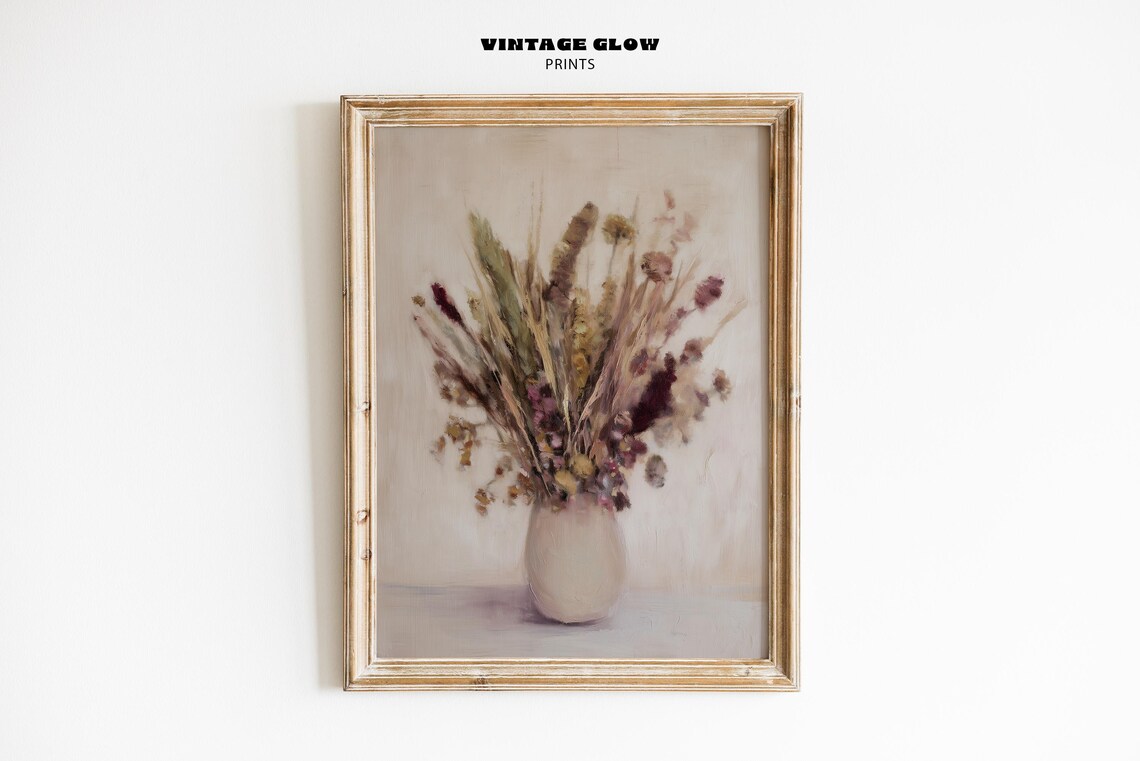 Vintage Dried Autumn Flowers Grasses Cream Vase Rustic Still Life Poster