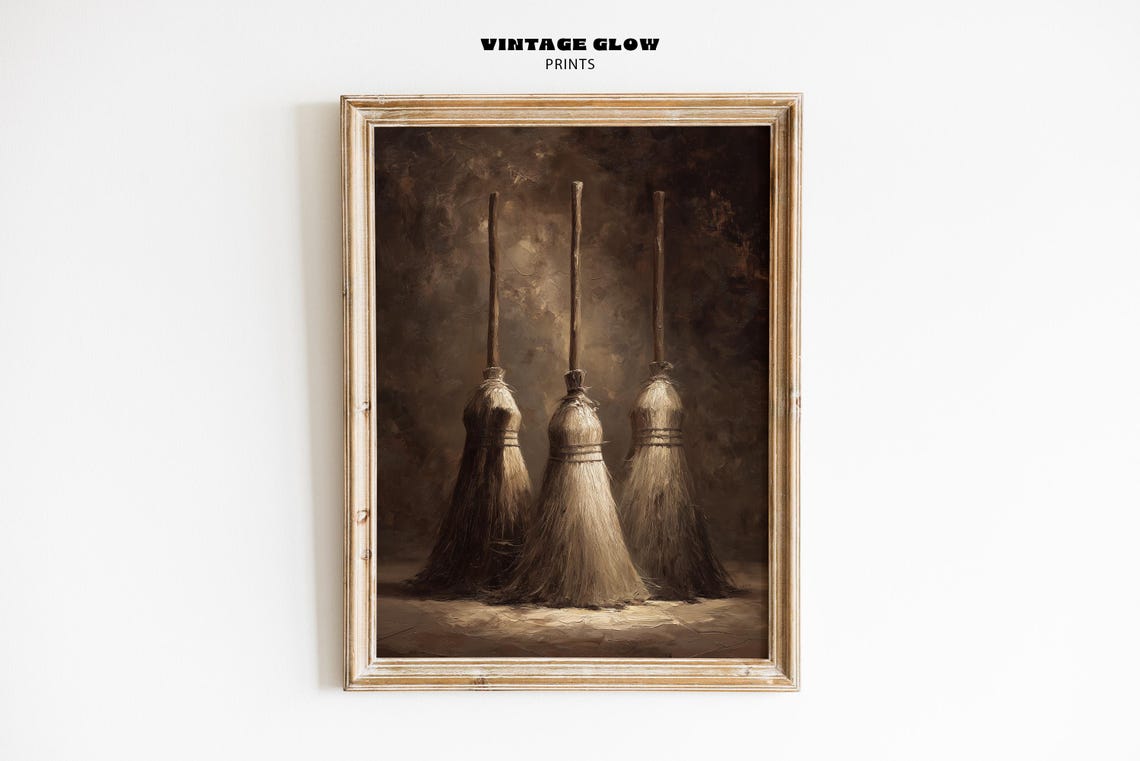 Vintage Witch Broomsticks Print Gothic Halloween Wall Art Rustic Witchcore Illustration Dark Academia V490