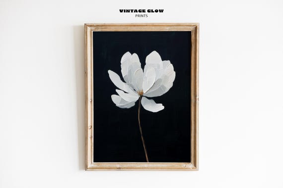 Elegant White Flower On Deep Blue Print Modern Minimalist Floral Wall Art Contemporary Botanical Painting V469