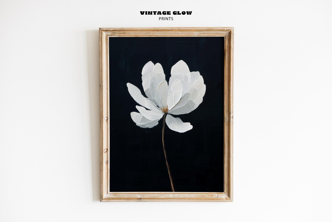 White Flower on Navy Minimalist Floral Oil Painting Botanical Poster