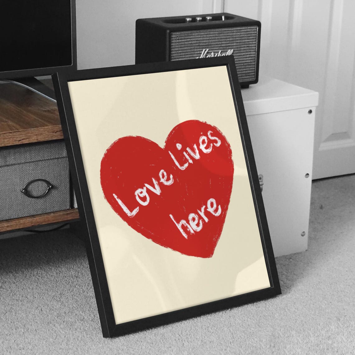 Love Lives Here Red Heart Quote Cream Background Motivational Poster - Image 3
