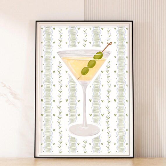 Martini Glass with Olives Floral Pattern Stripe Bar Cocktail Print