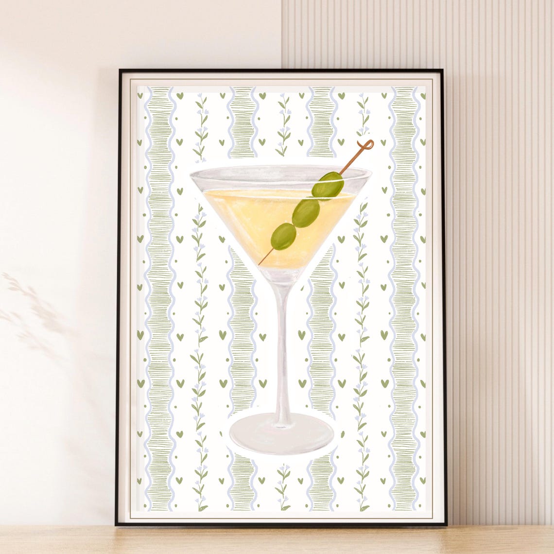 Martini Glass with Olives Floral Pattern Stripe Bar Cocktail Print