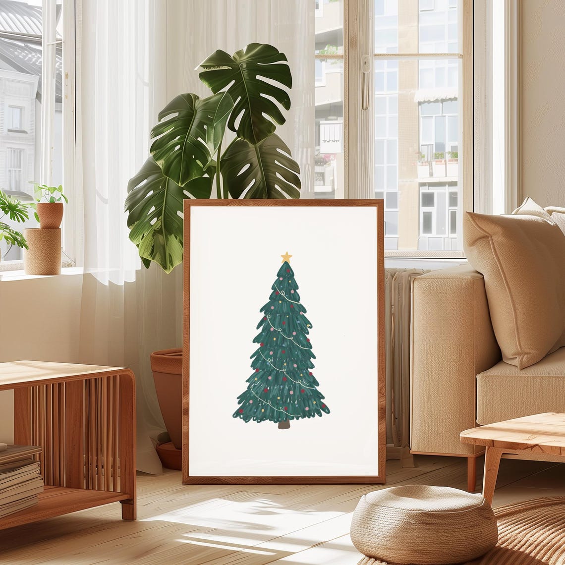 Minimalist Watercolor Christmas Tree Gold Star Holiday Art Print