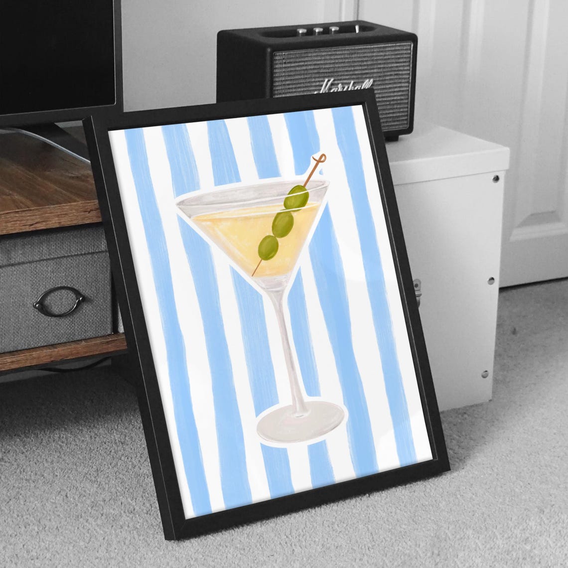 Martini Glass with Olives on Blue Painterly Stripe Bar Cocktail Print - Image 2