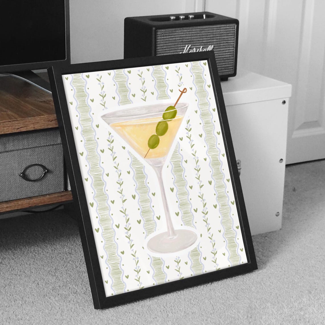 Martini Glass with Olives Floral Pattern Stripe Bar Cocktail Print - Image 3