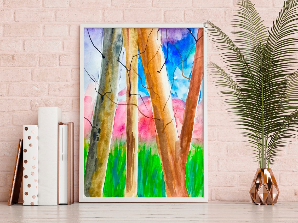 Vibrant Colorful Tree Trunks Watercolor Forest Landscape Poster