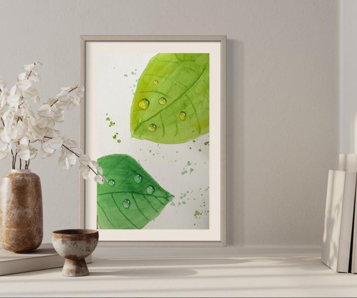 Fresh Green Leaves with Sparkling Water Droplets Botanical Poster