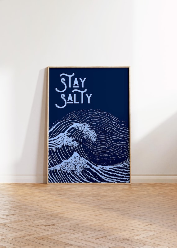 Stay Salty Navy Blue Ocean Wave Typography Coastal Decor Poster